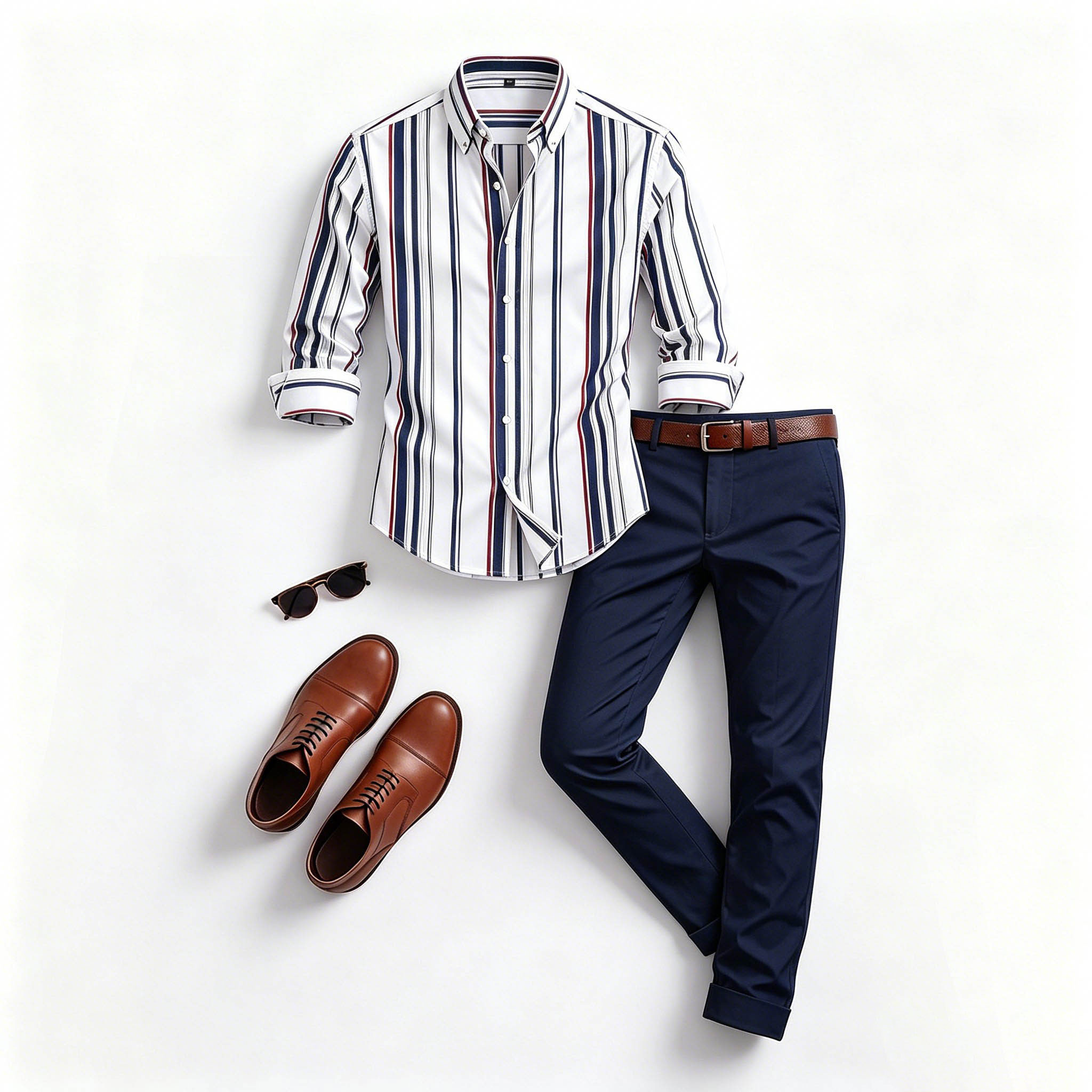 Men's Casual White & Navy Blue Color Matching Long Sleeves Shirt & Trousers Two Piece Set