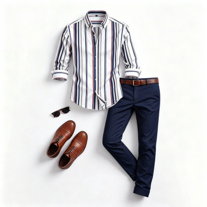 Men's Casual White & Navy Blue Color Matching Long Sleeves Shirt & Trousers Two Piece Set
