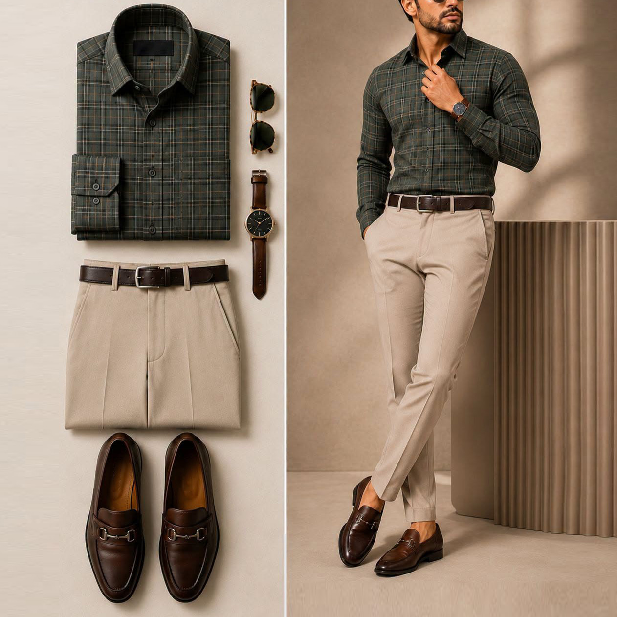 Men's Casual Dark Green Plaid Printed Long Sleeve Shirt & Beige Chino Pants Two-Piece Set