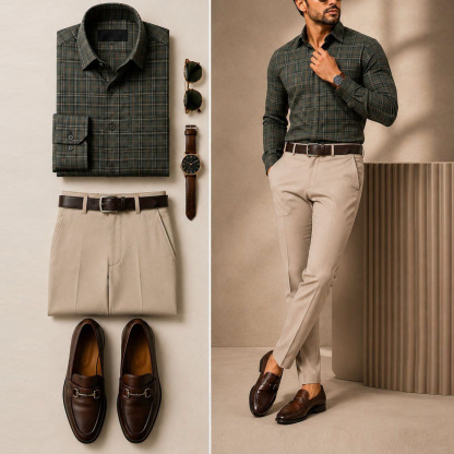 Men's Casual Dark Green Plaid Printed Long Sleeve Shirt & Beige Chino Pants Two-Piece Set