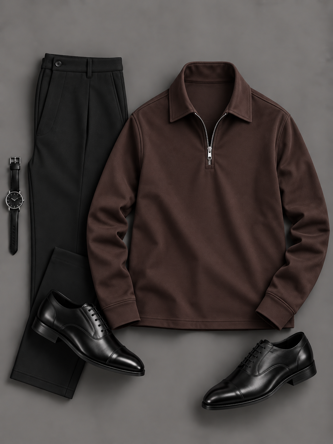 Men's Casual Quarter Zip Lapel Long Sleeve Top & Chino Pants 2-Piece Matching Outfit Set, Multiple Colors Available