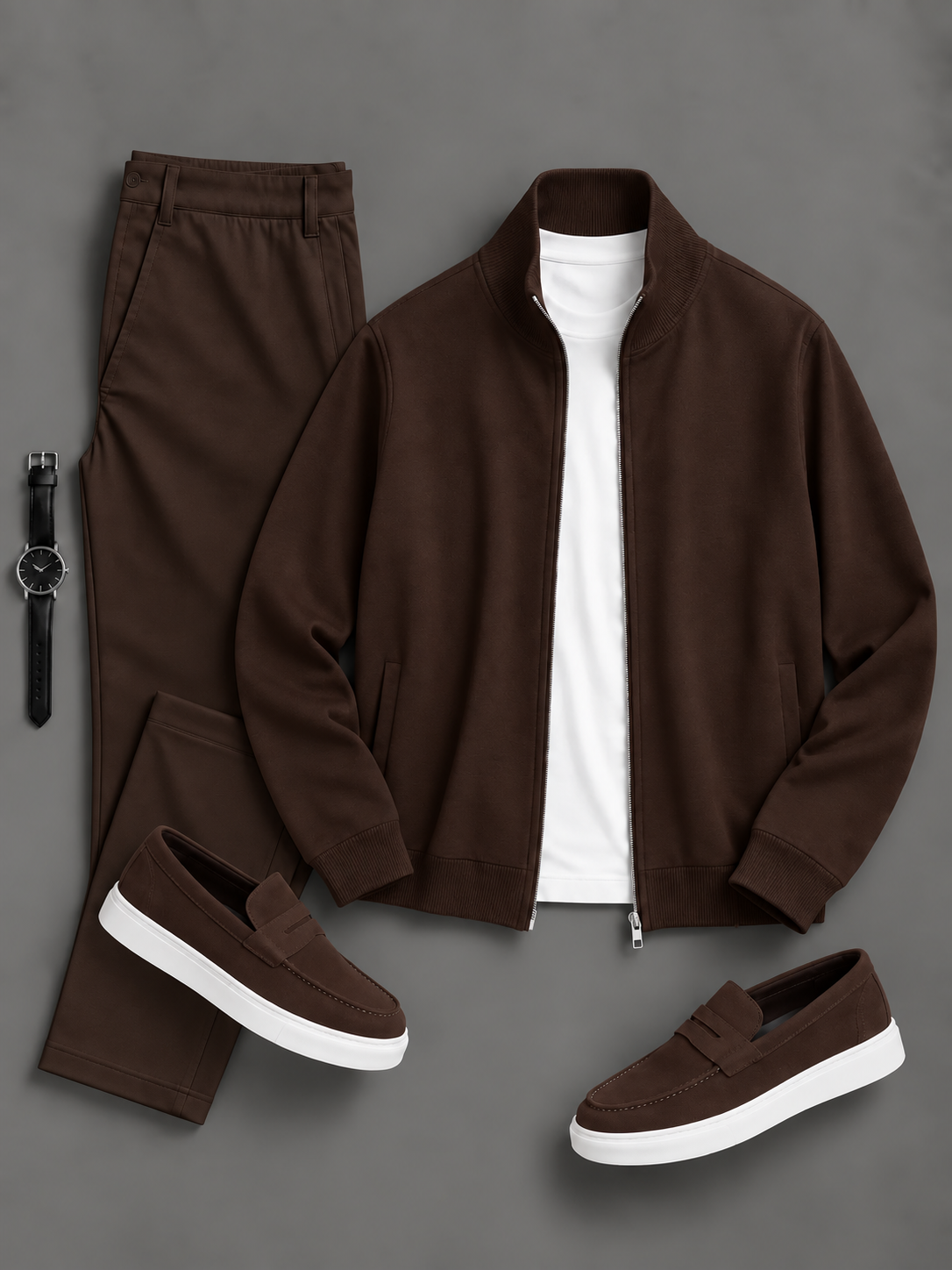 Men's Casual Solid Zip Stand Collar Jacket & Straight Chino Pants 2-Piece Matching Outfit Set, Multiple Colors Available