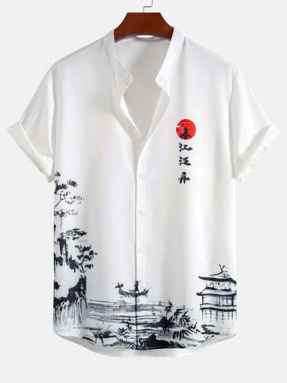 Ink Painting Stand Collar Shirt & Man Mid Length Drawstring Swim Shorts
