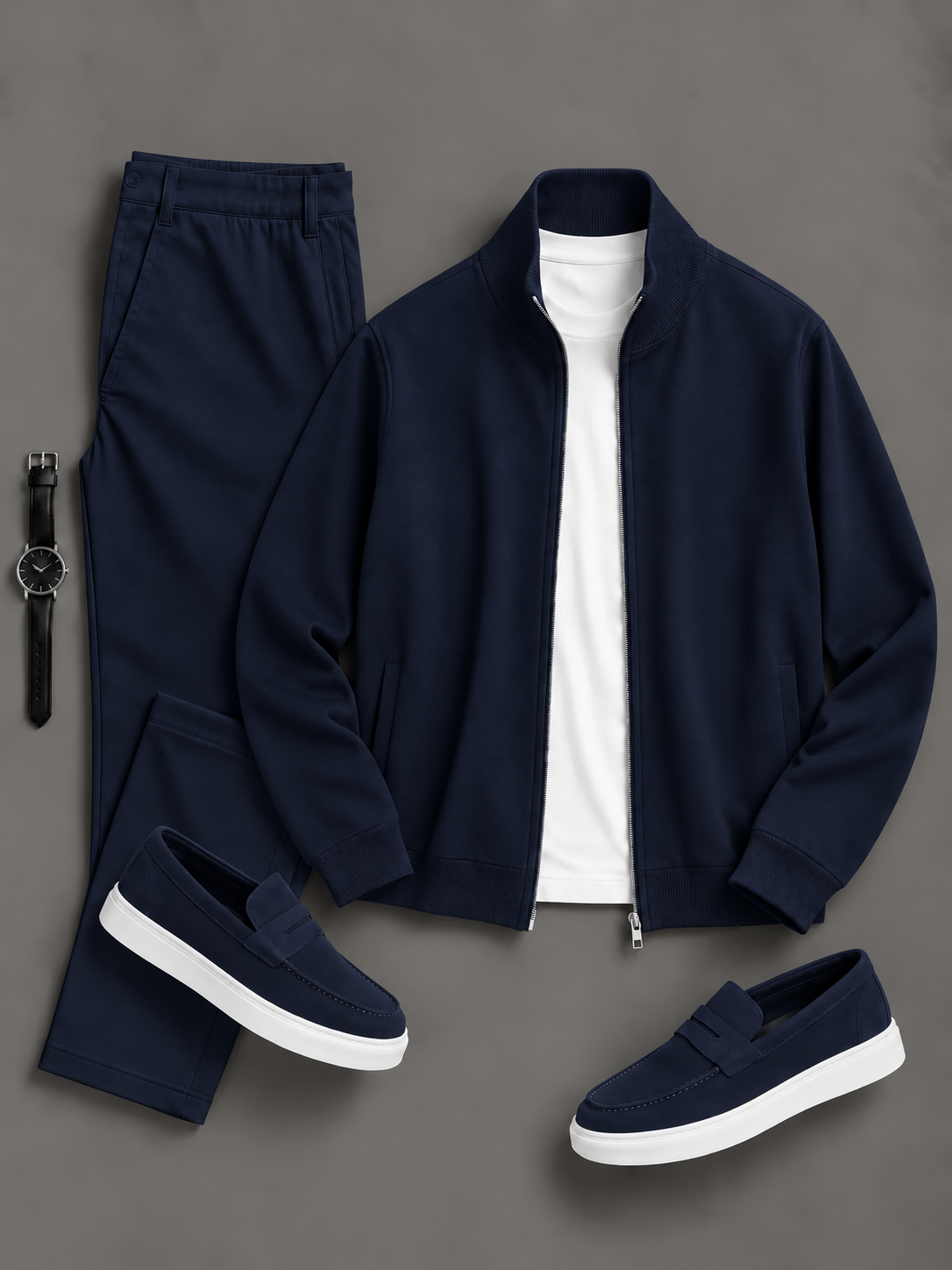 Men's Casual Solid Zip Stand Collar Jacket & Straight Chino Pants 2-Piece Matching Outfit Set, Multiple Colors Available