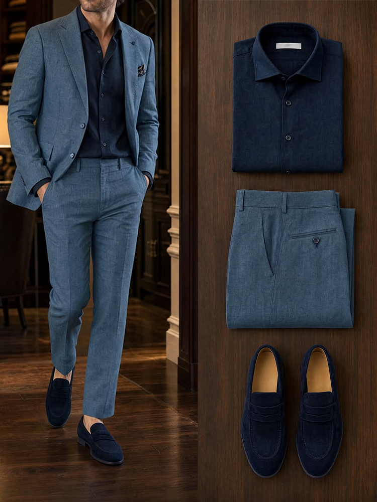 Men's Business Navy Blue Long Sleeves Shirt & Pants & Blazer 3pcs Set