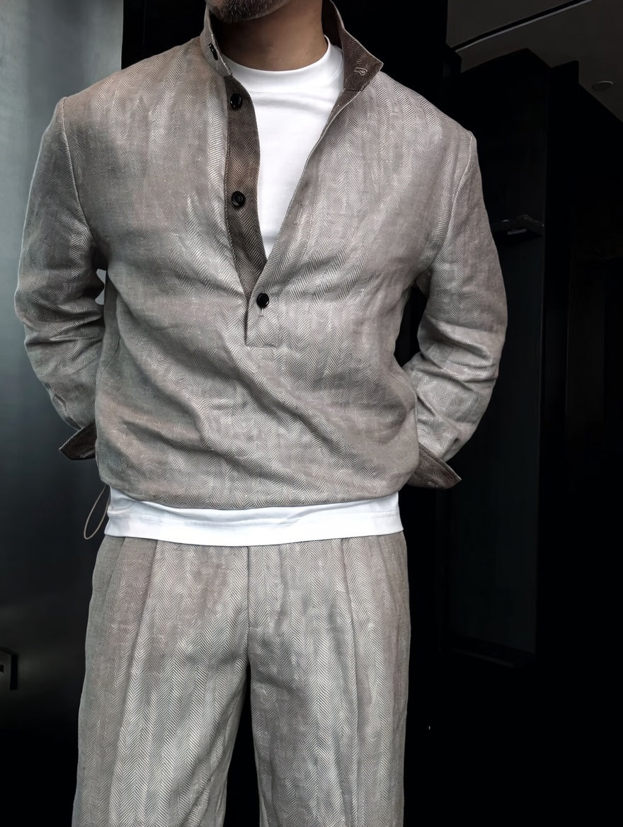 Premium Linen Mandarin Collar Suit-Sky Blue