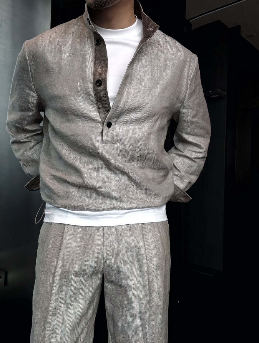 Premium Linen Mandarin Collar Suit-Sky Blue