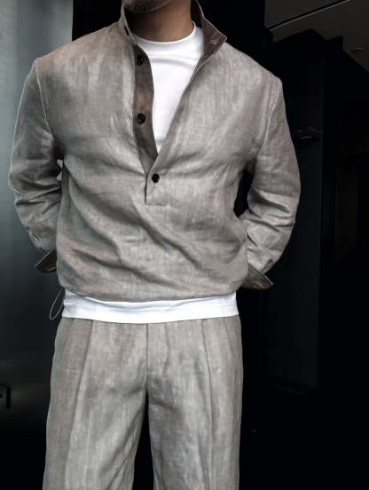 Premium Linen Mandarin Collar Suit-Sky Blue