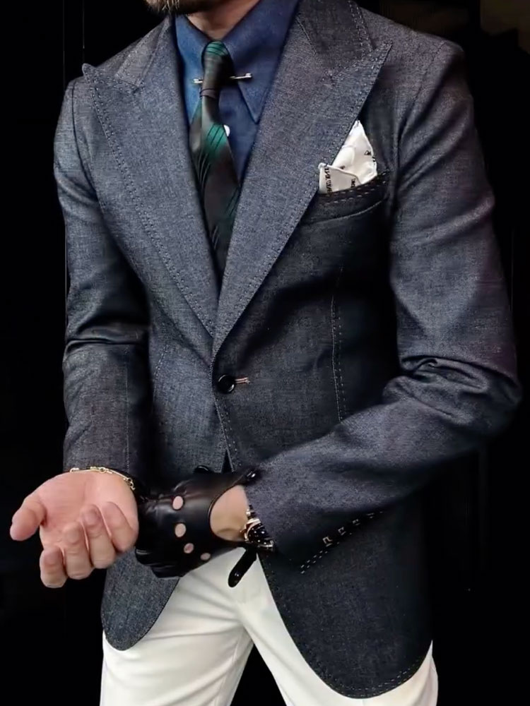 Men's Navy Blue Denim Long Sleeves Blazer