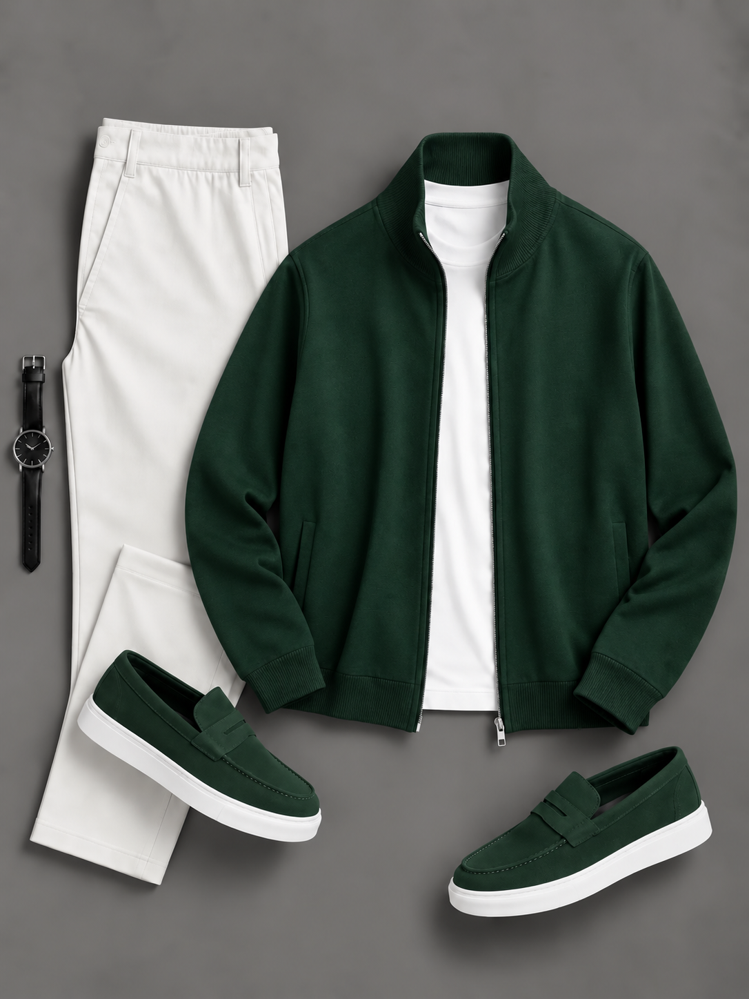 Men's Casual Solid Zip Stand Collar Jacket & Straight Chino Pants 2-Piece Matching Outfit Set, Multiple Colors Available