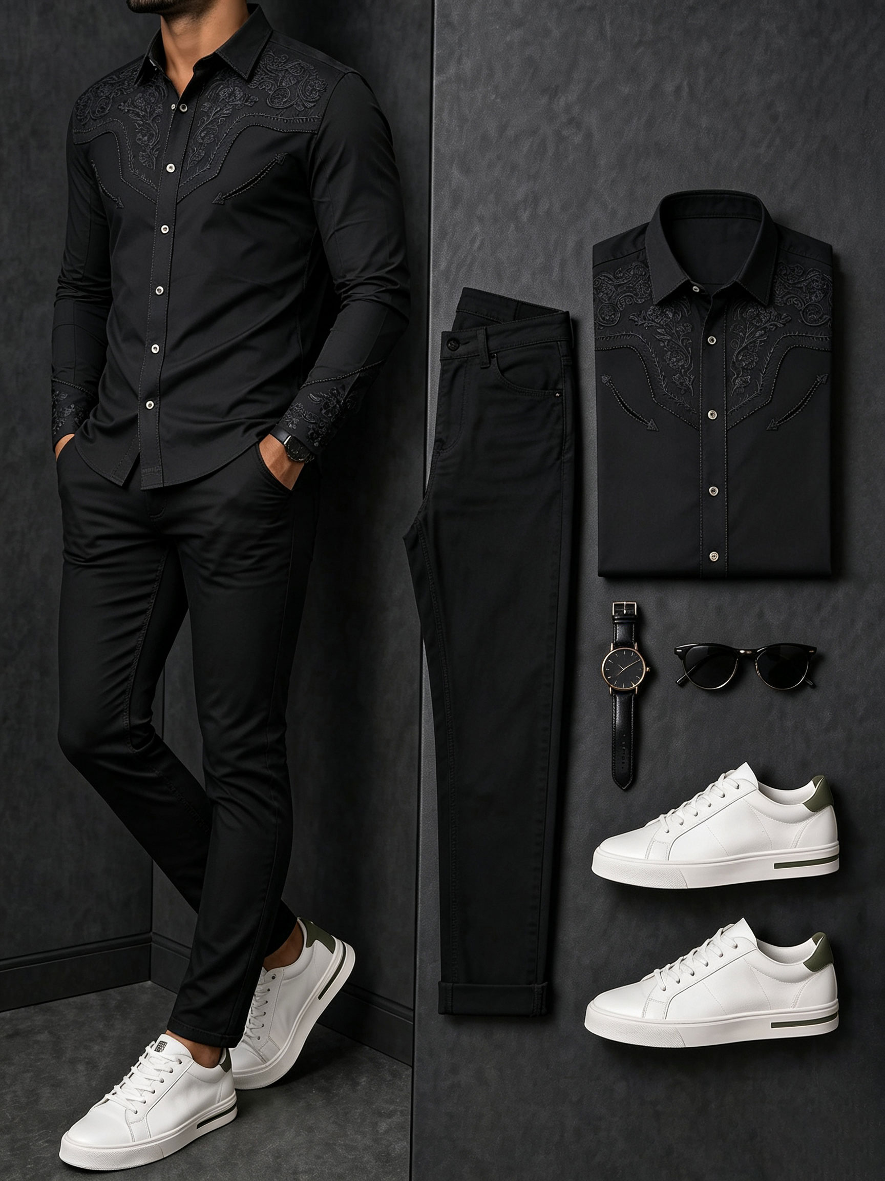 Men's Casual Black Retro Style Printed Color Matching Long Sleeves Shirt & Jeans Pants Two Piece Set