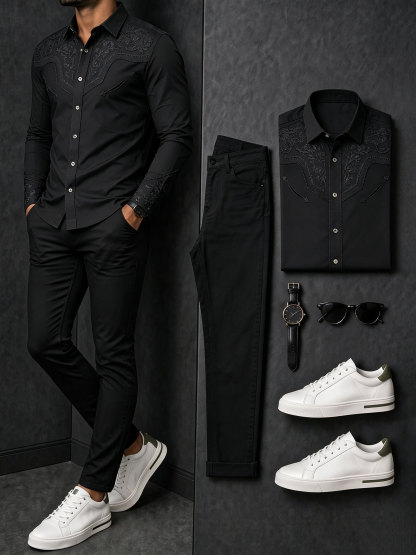 Men's Casual Black Retro Style Printed Color Matching Long Sleeves Shirt & Jeans Pants Two Piece Set