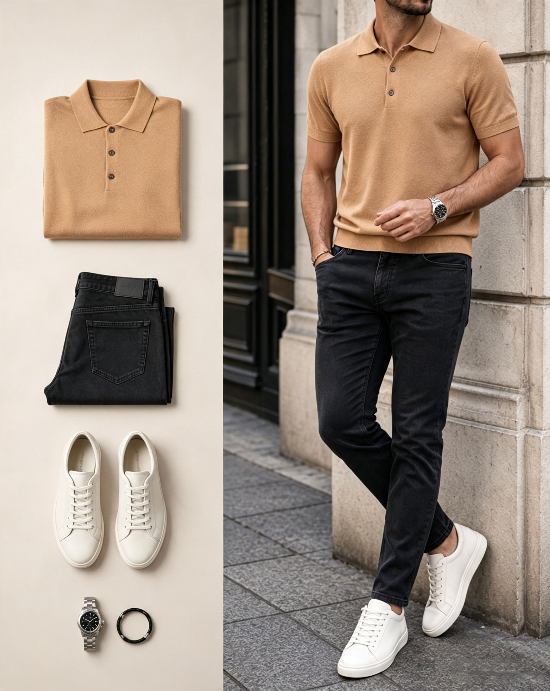 Men's Yellow Short Sleeves Polo Shirt & Black Jeans Pants Two-Piece Set