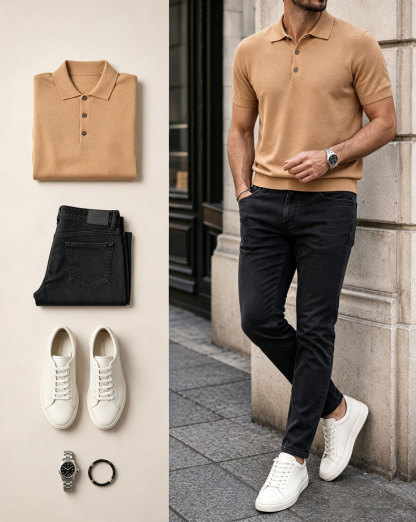 Men's Yellow Short Sleeves Polo Shirt & Black Jeans Pants Two-Piece Set