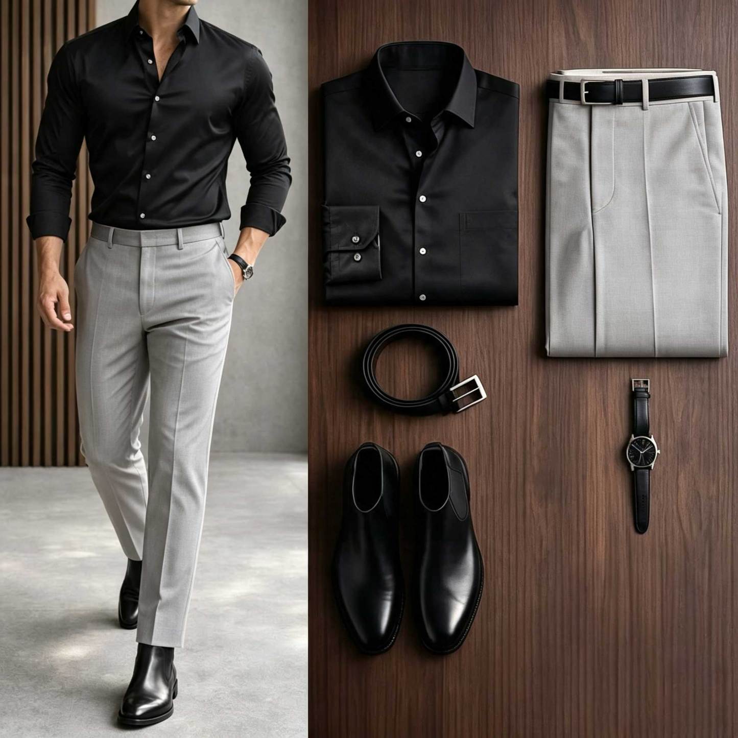 Men's Casual Black Long Sleeve Shirt & Khaki Chino Pants Two-Piece Set