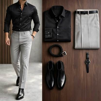 Men's Casual Black Long Sleeve Shirt & Khaki Chino Pants Two-Piece Set