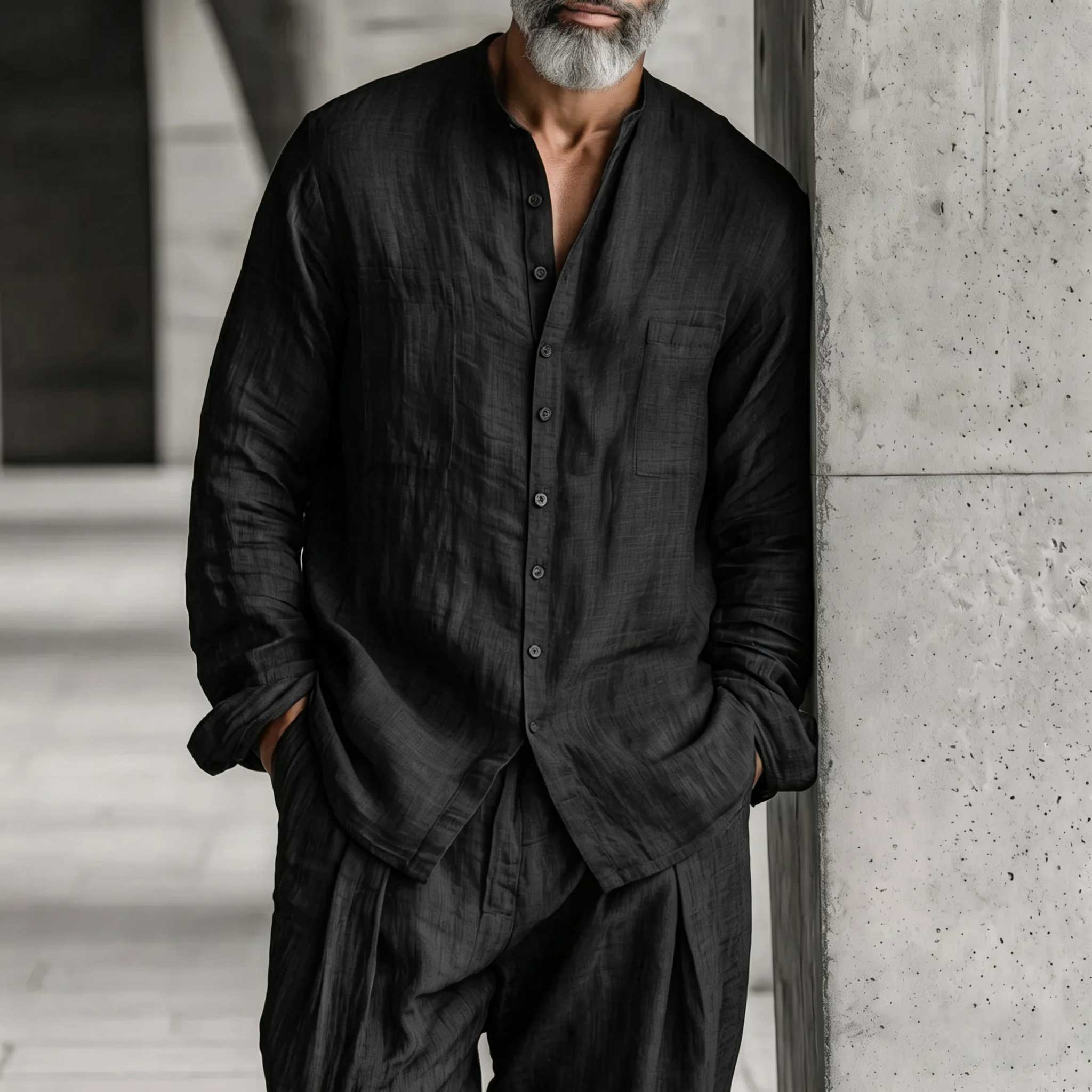 Men's Cotton Linen Long Sleeved Trousers And Shirt Set
