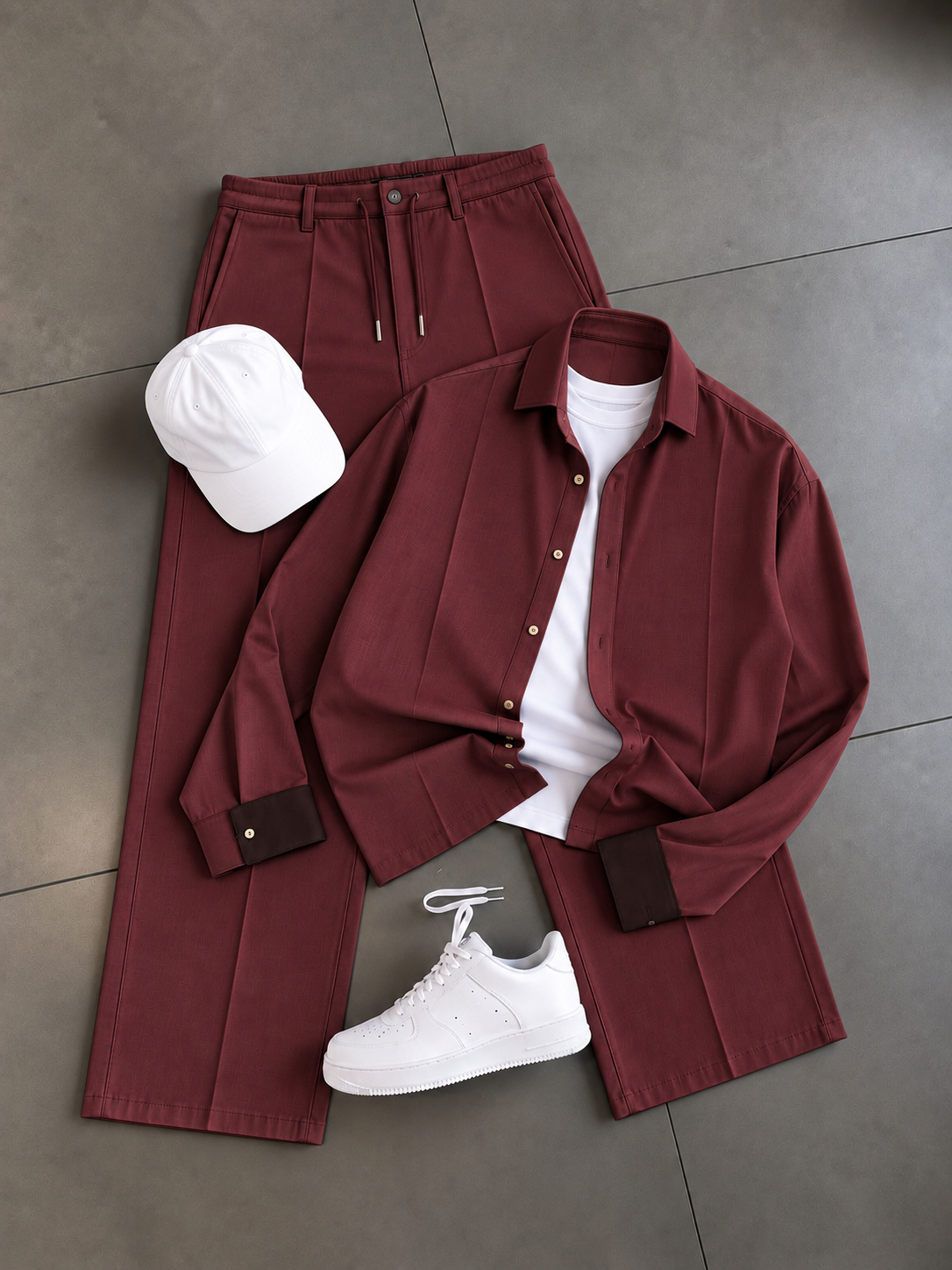 Men's Casual Long Sleeve Button-Down Shirt & Drawstring Wide Leg Pants 2-Piece Matching Outfit Set, Multiple Colors Available