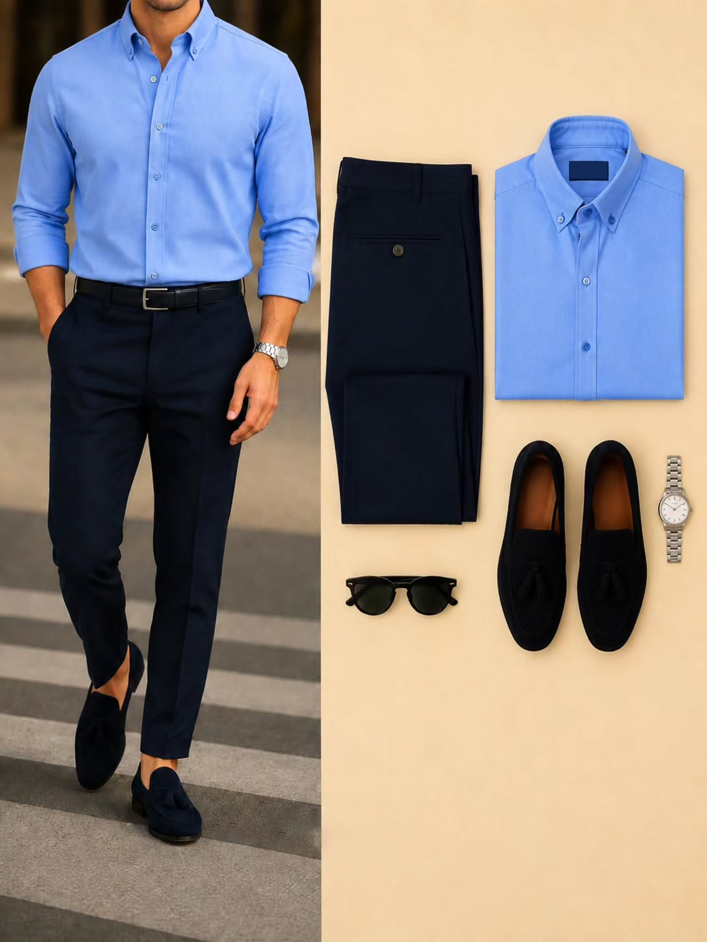 Men's Casual Blue Long Sleeve Shirt & Navy Chino Pants Two-Piece Set