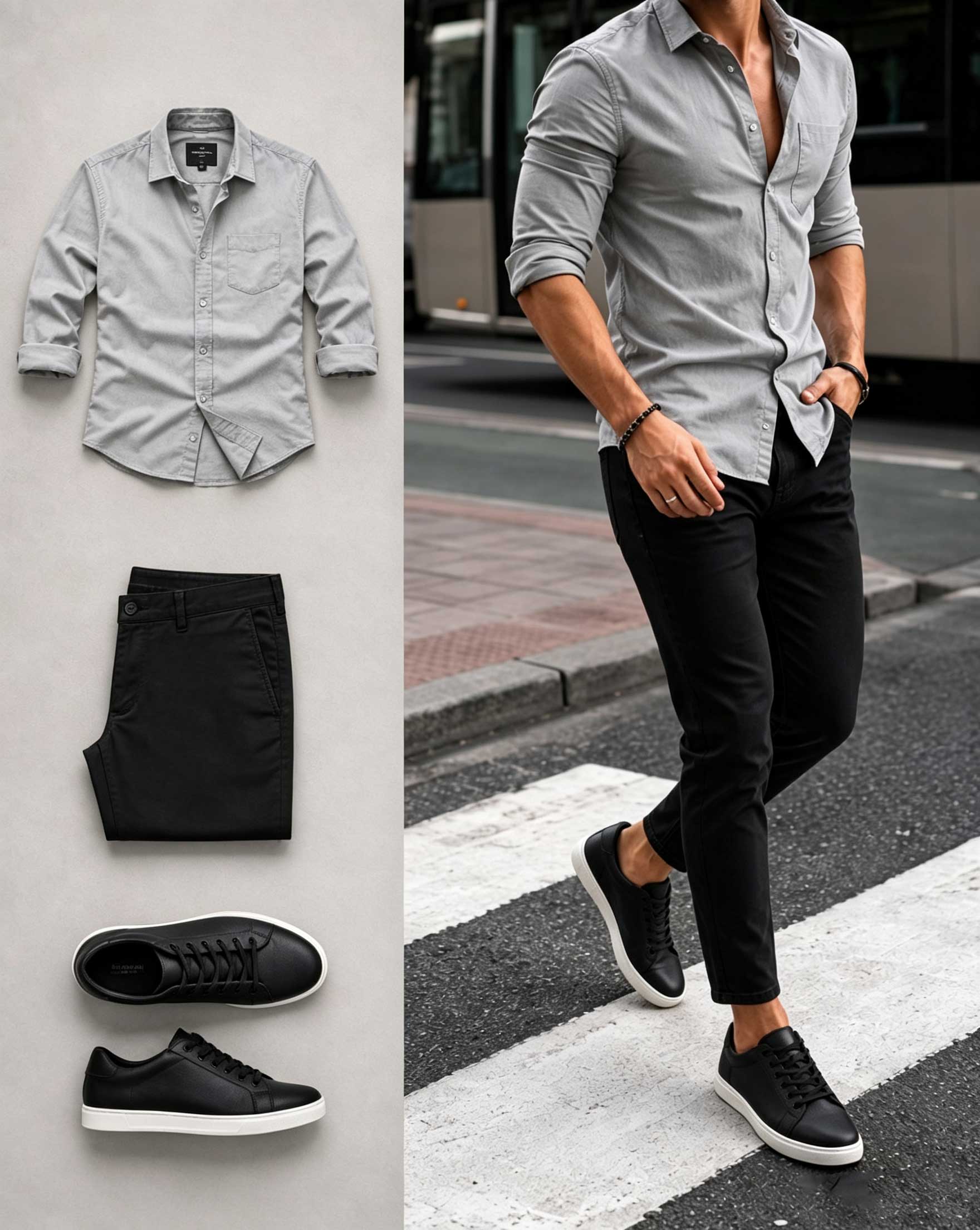Men's Casual Gray Long Sleeve Shirt & Black Pants Two-Piece Set