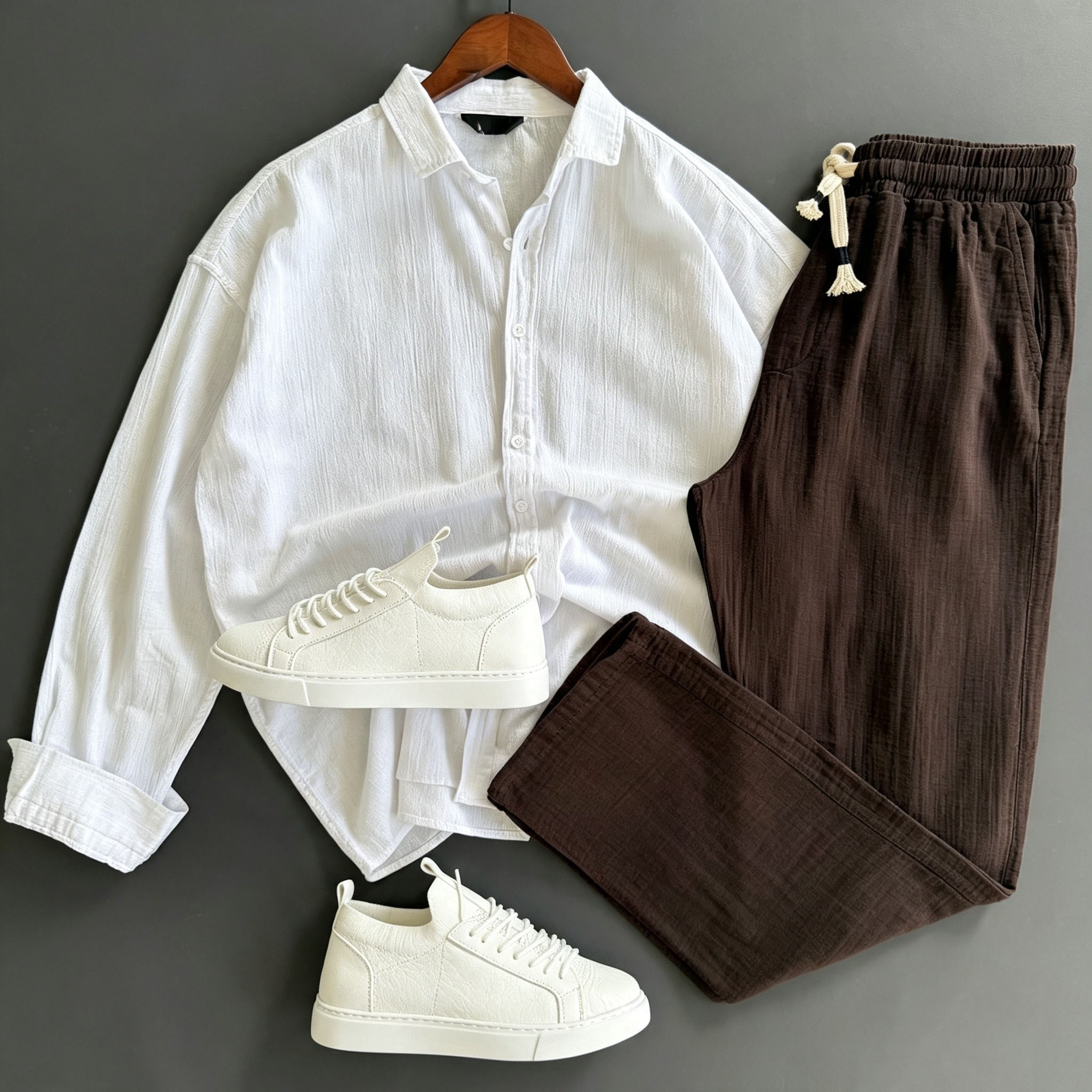 Men's Casual Loose Long Sleeved Collared Shirt & Drawstring Trousers Two‑Piece Set
