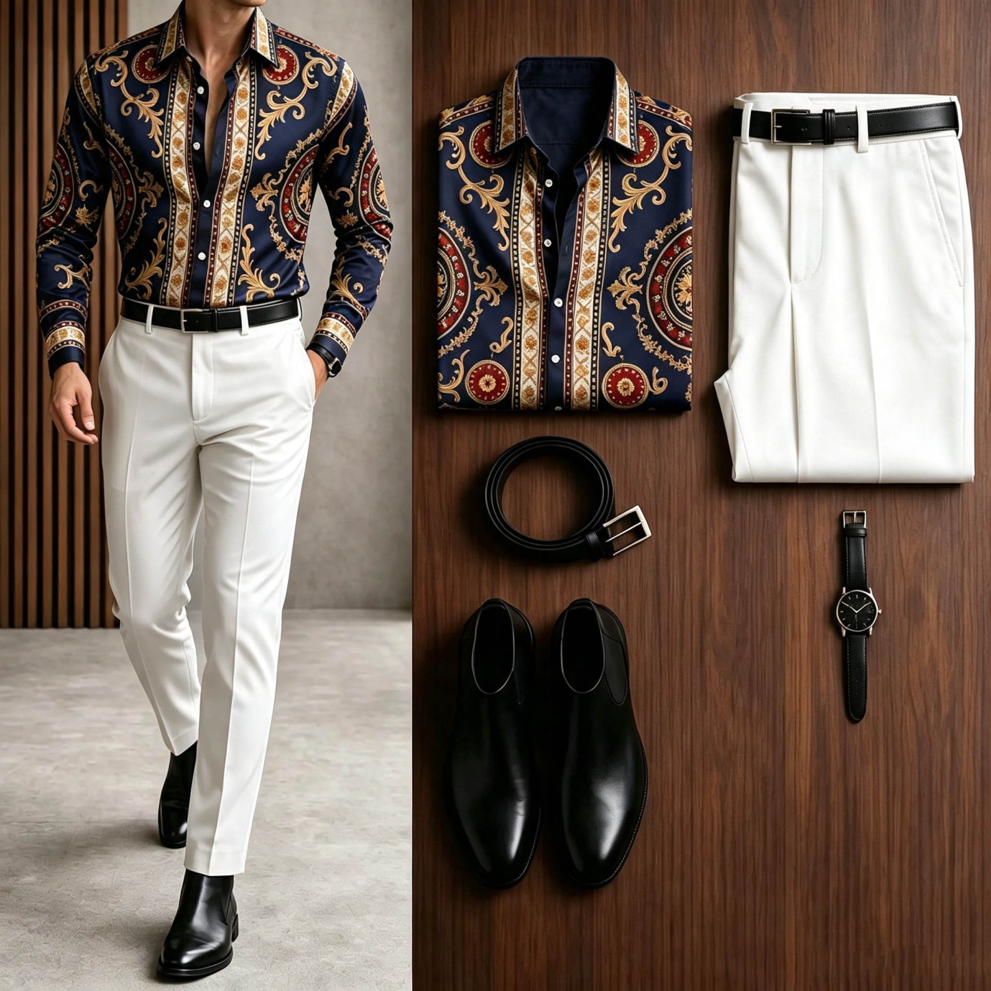 Men's Casual Color Matching Oatmeal Long Sleeves Polo Shirt & Denim Blue Jeans Pants Two Piece Set