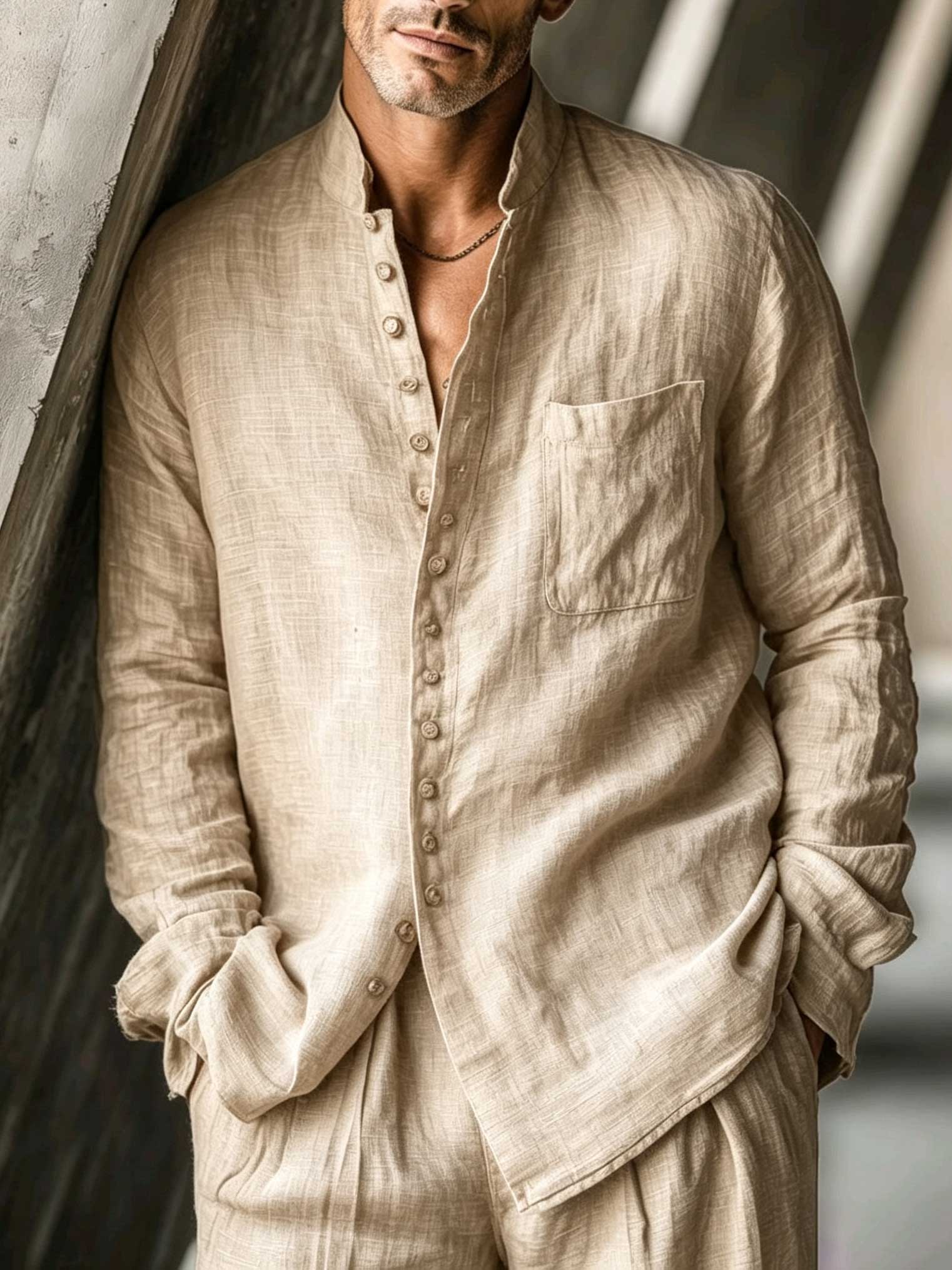 Men's Cotton Linen Long Sleeved Shirt And Trousers Set