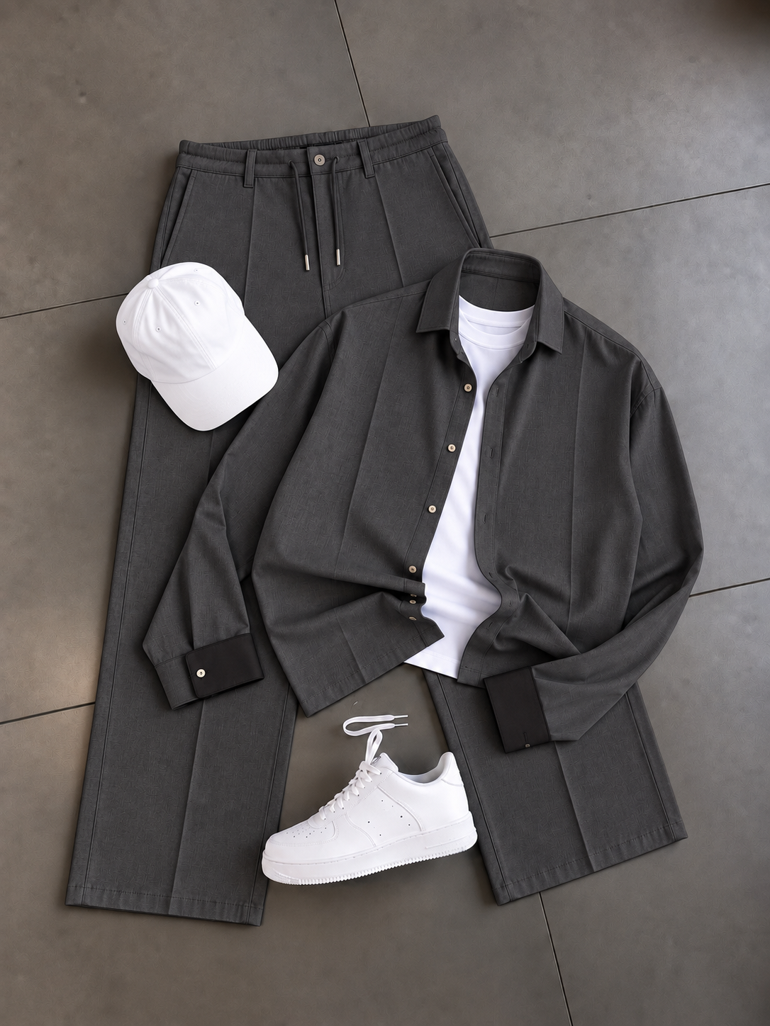 Men's Casual Long Sleeve Button-Down Shirt & Drawstring Wide Leg Pants 2-Piece Matching Outfit Set, Multiple Colors Available