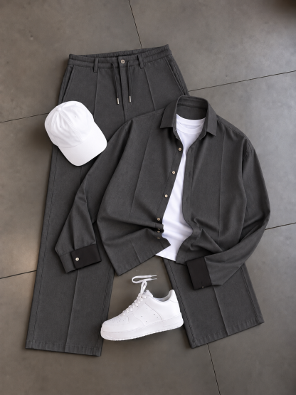 Men's Casual Long Sleeve Button-Down Shirt & Drawstring Wide Leg Pants 2-Piece Matching Outfit Set, Multiple Colors Available
