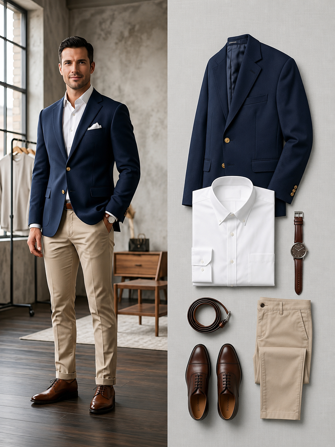 Men's Navy Single‑Breasted Blazer & Khaki Chino Pants 2‑Piece Matching Outfit Set