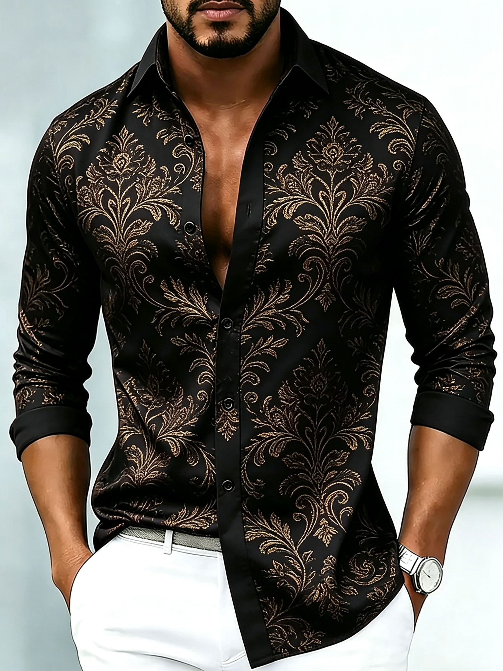 Men's Luxury Business Floral Print Long-Sleeve Shirt
