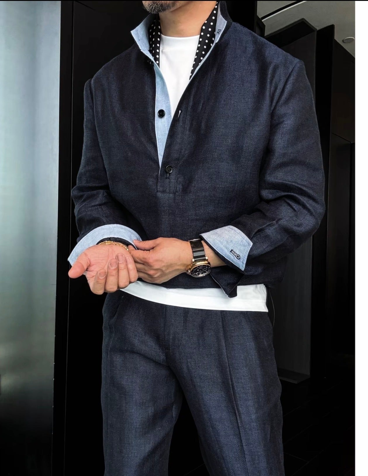 Premium Linen Mandarin Collar Suit-Sky Blue