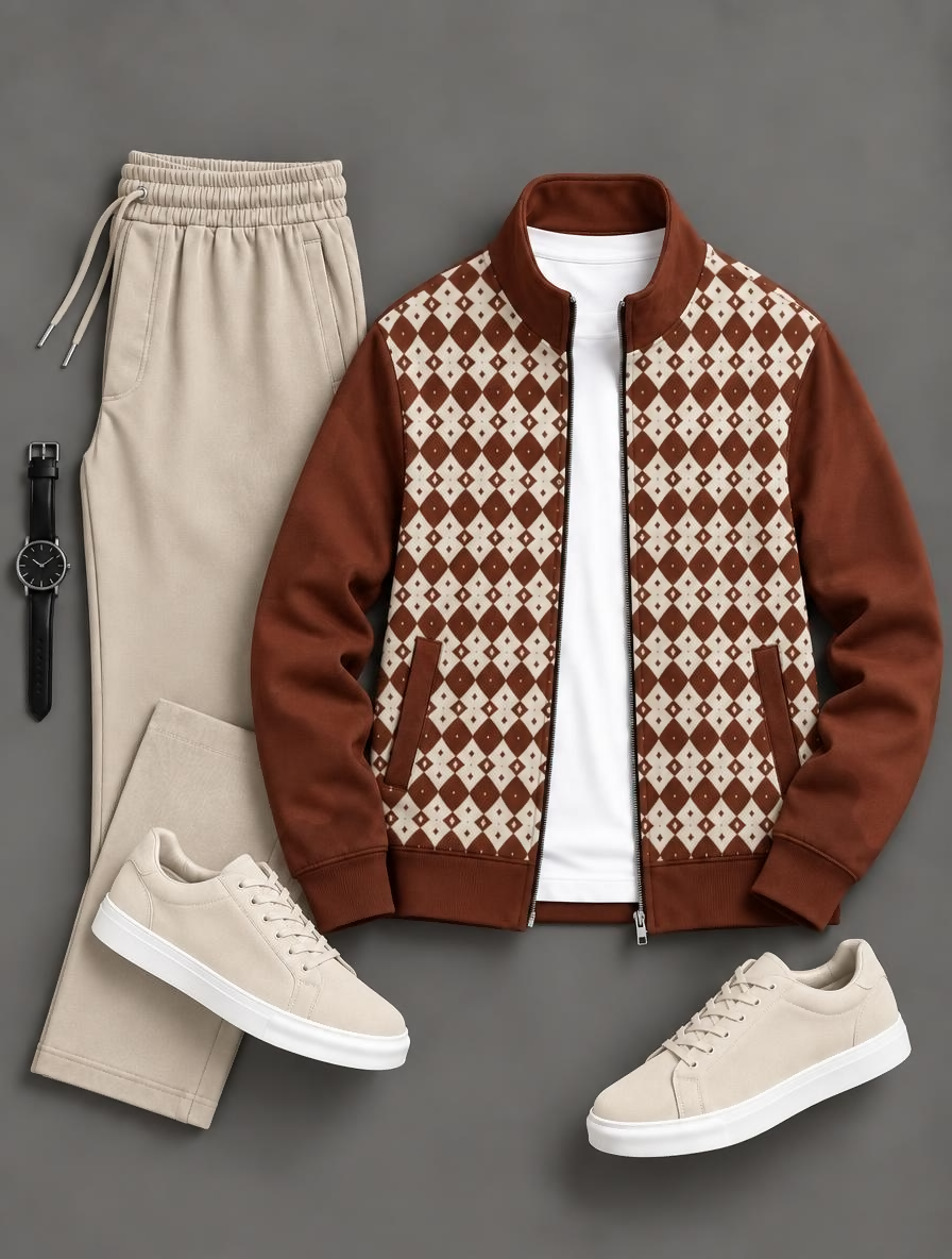 Men's Argyle Diamond Panel Zip Up Stand Collar Jacket & Drawstring Pants Two Piece Set, Multiple Colors Available
