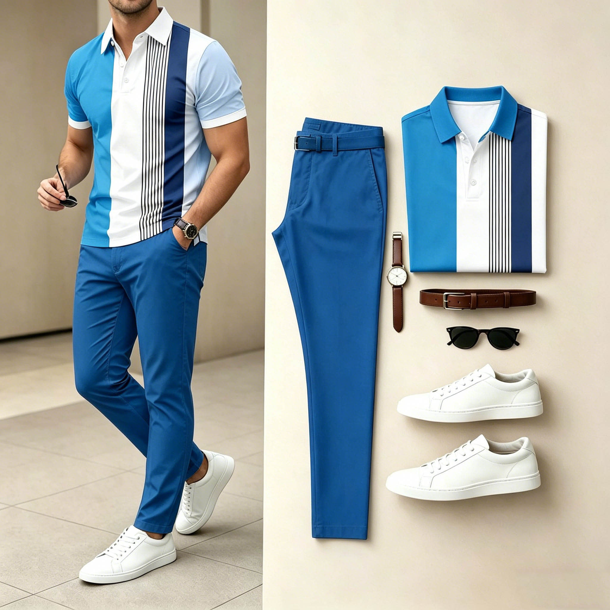 Men's Casual Blue White Color Block Stripe Polo Shirt & Bright Blue Pants Two-Piece Set