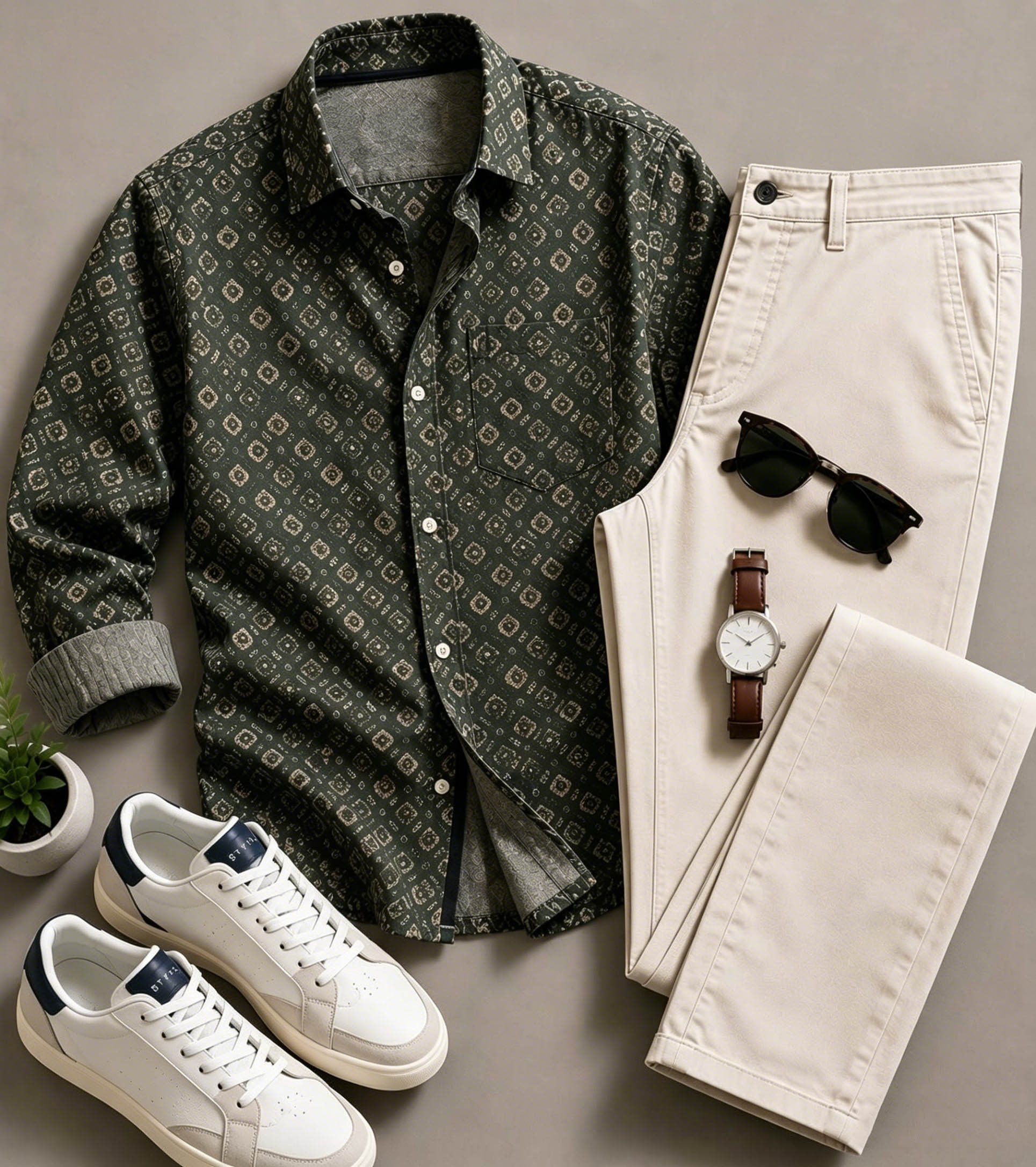 Men's Casual Army Green Washed Solid Color Matching Long Sleeved Shirt & Trousers Two-Piece Set