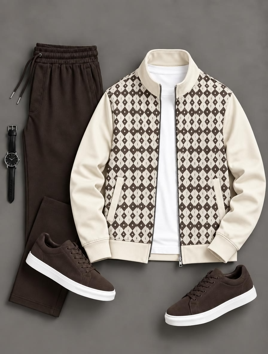 Men's Argyle Diamond Panel Zip Up Stand Collar Jacket & Drawstring Pants Two Piece Set, Multiple Colors Available