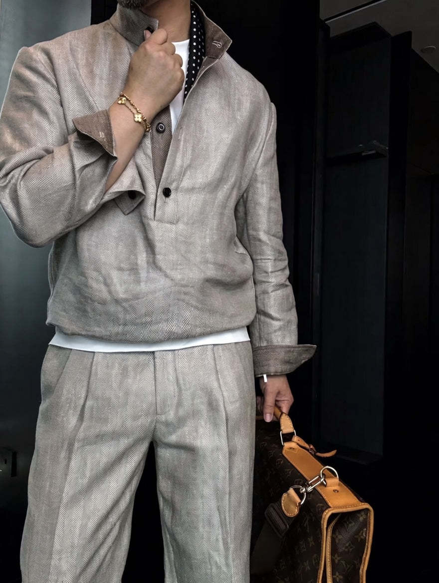 Premium Linen Mandarin Collar Suit-Sky Blue