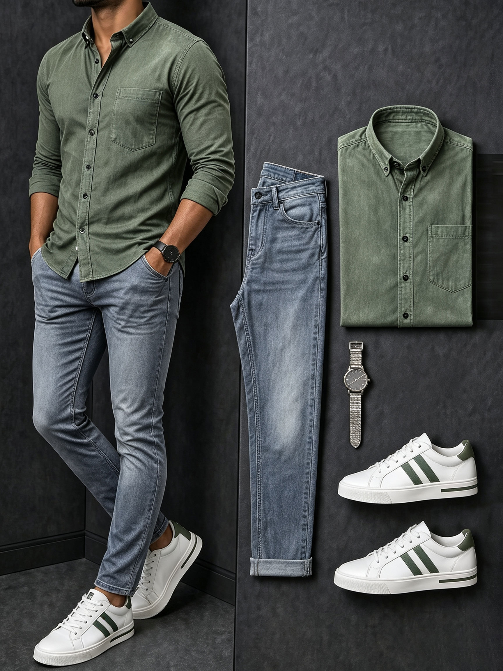 Men's Casual Green Long Sleeves Shirt & Gray Jeans Pants Two Piece Set