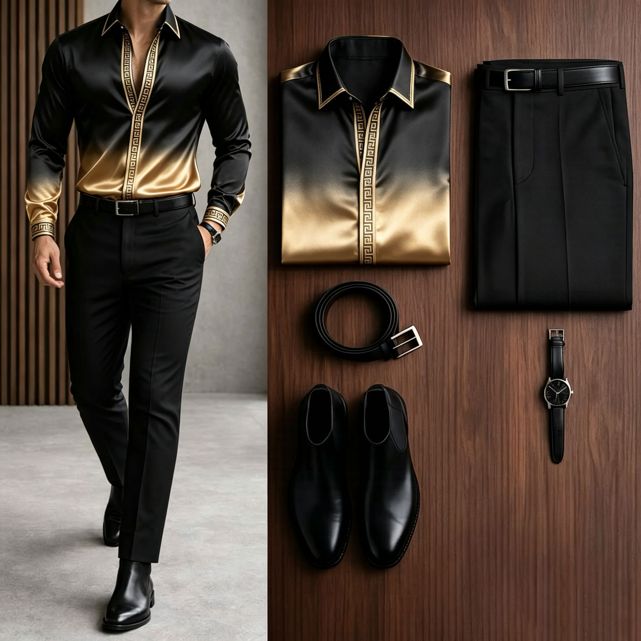Men's Casual Black Gradient Long Sleeve Baroque Shirt & Black Chino Pants Two-Piece Set