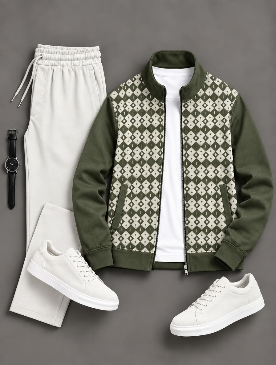 Men's Argyle Diamond Panel Zip Up Stand Collar Jacket & Drawstring Pants Two Piece Set, Multiple Colors Available