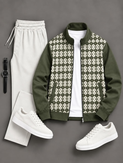 Men's Argyle Diamond Panel Zip Up Stand Collar Jacket & Drawstring Pants Two Piece Set, Multiple Colors Available