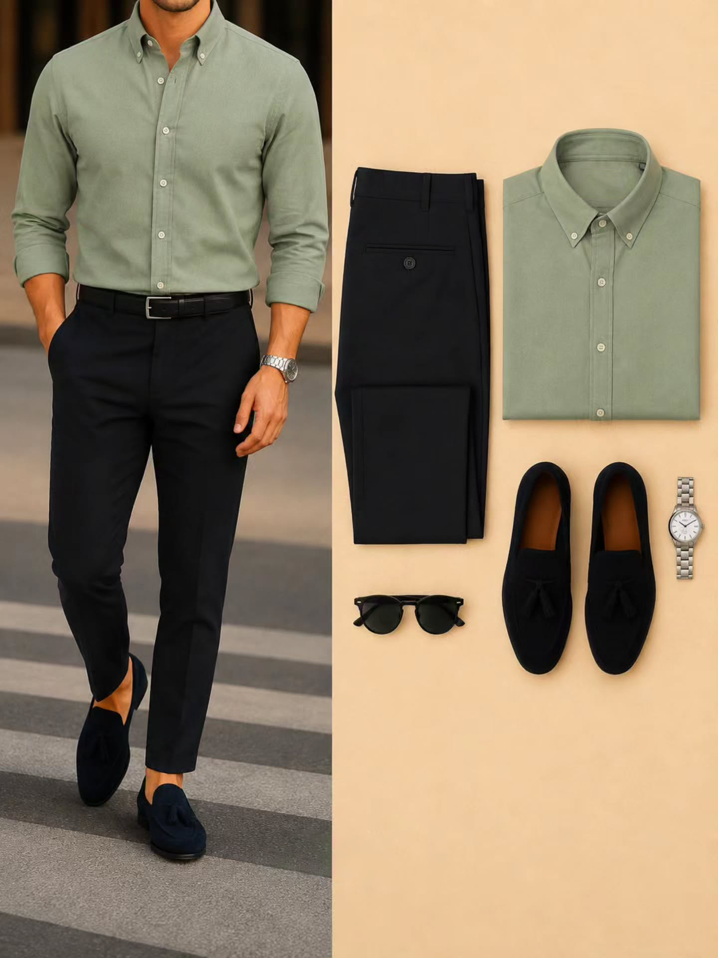 Men's Casual Color Matching Oatmeal Long Sleeves Polo Shirt & Denim Blue Jeans Pants Two Piece Set