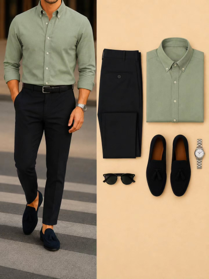 Men's Casual Green Long Sleeve Shirt & Black Chino Pants Two-Piece Set