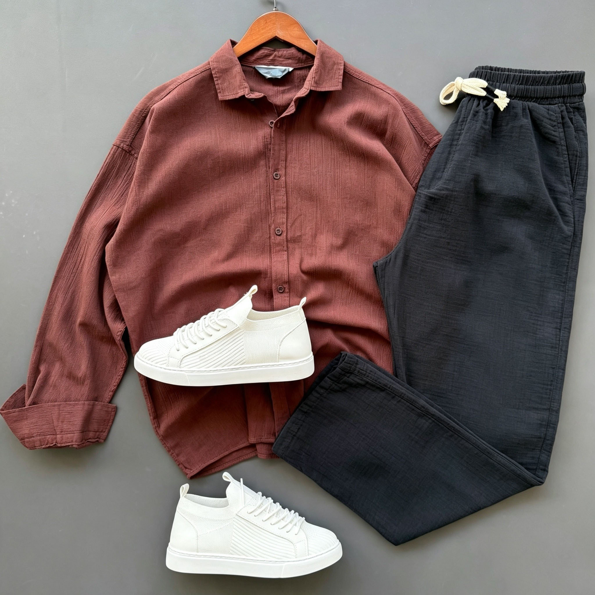Men's Casual Trendy Long Sleeved Collared Shirt & Relaxed Trousers Two‑Piece Set