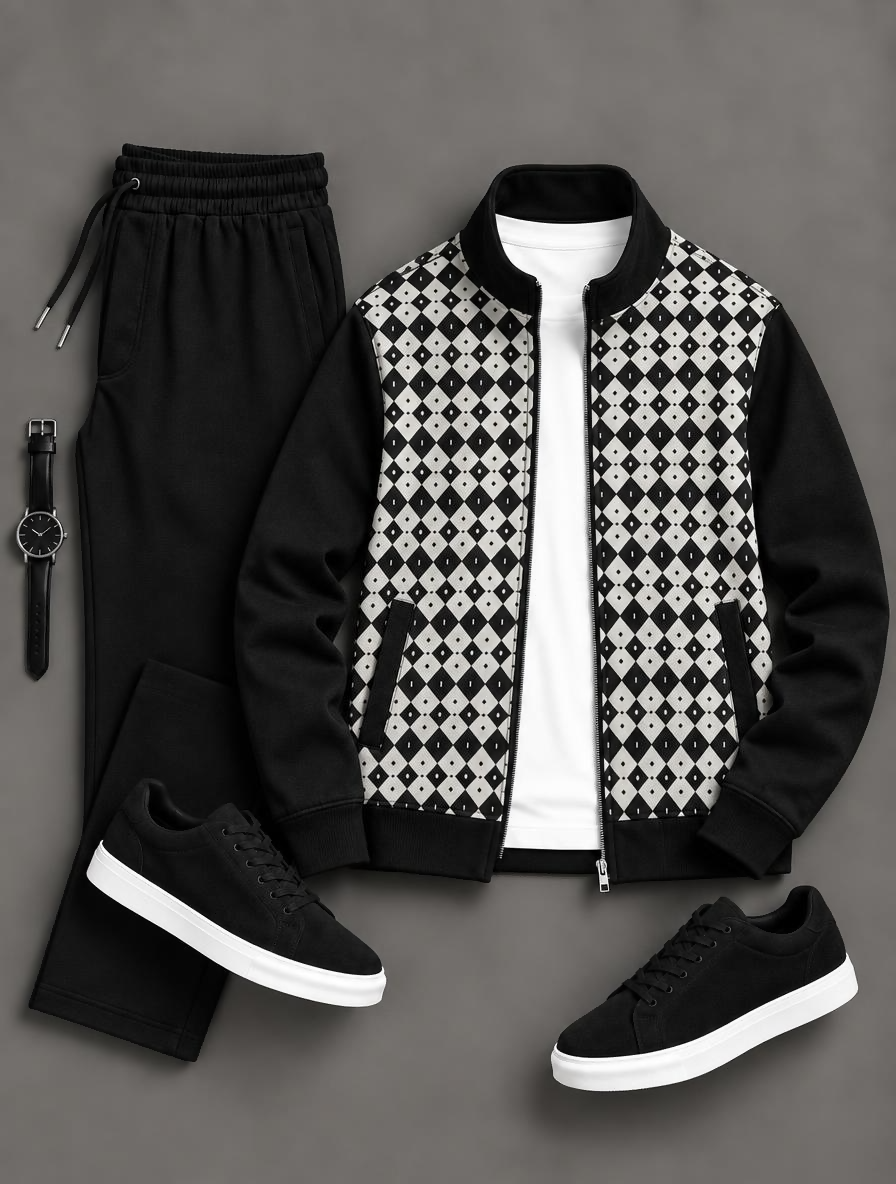 Men's Argyle Diamond Panel Zip Up Stand Collar Jacket & Drawstring Pants Two Piece Set, Multiple Colors Available