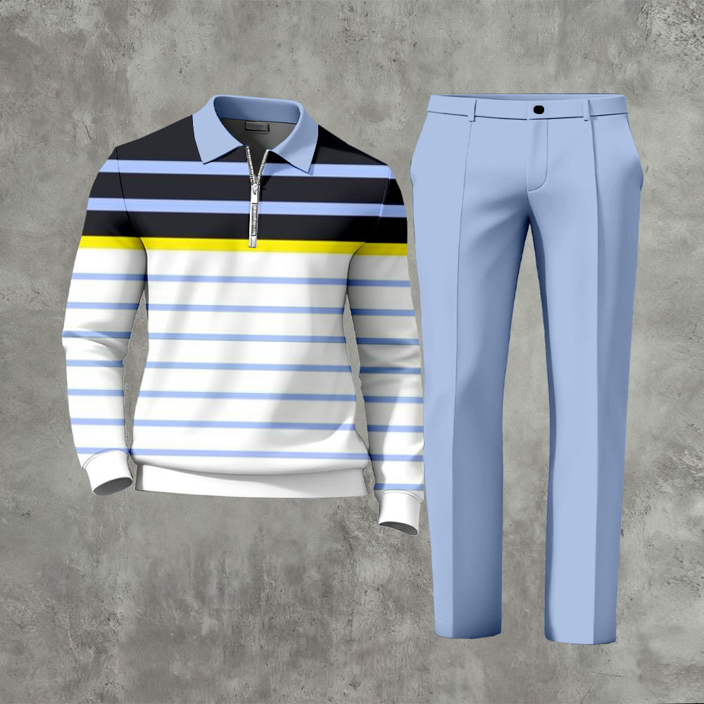 Men's Casual Blue & White Color Matching Striped Printed Polo-Collar Z