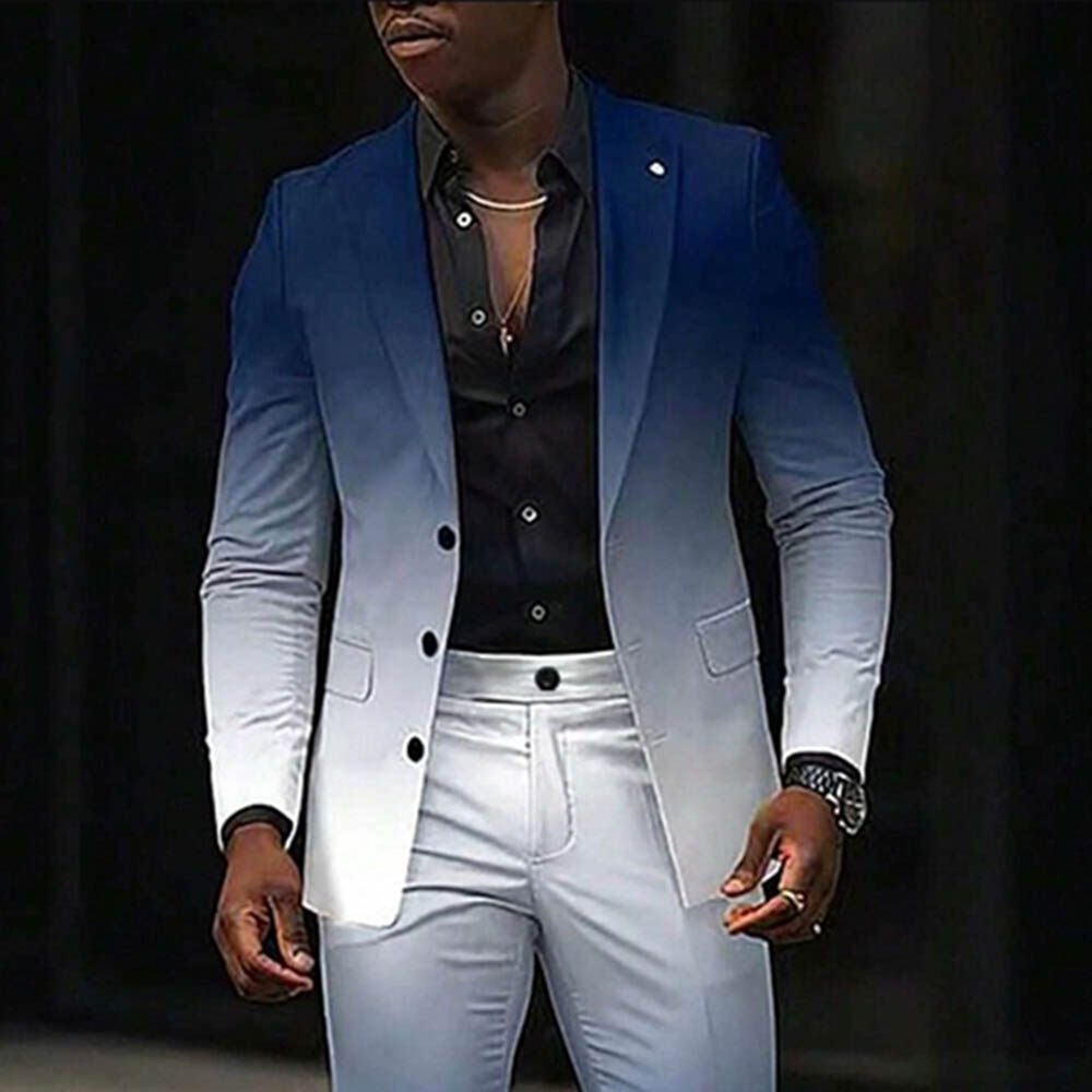 BlazerMen's Gradient Royal Blue Color Matching Gradient Printed Long Sleeves Blazer & Trousers Two Pieces Set