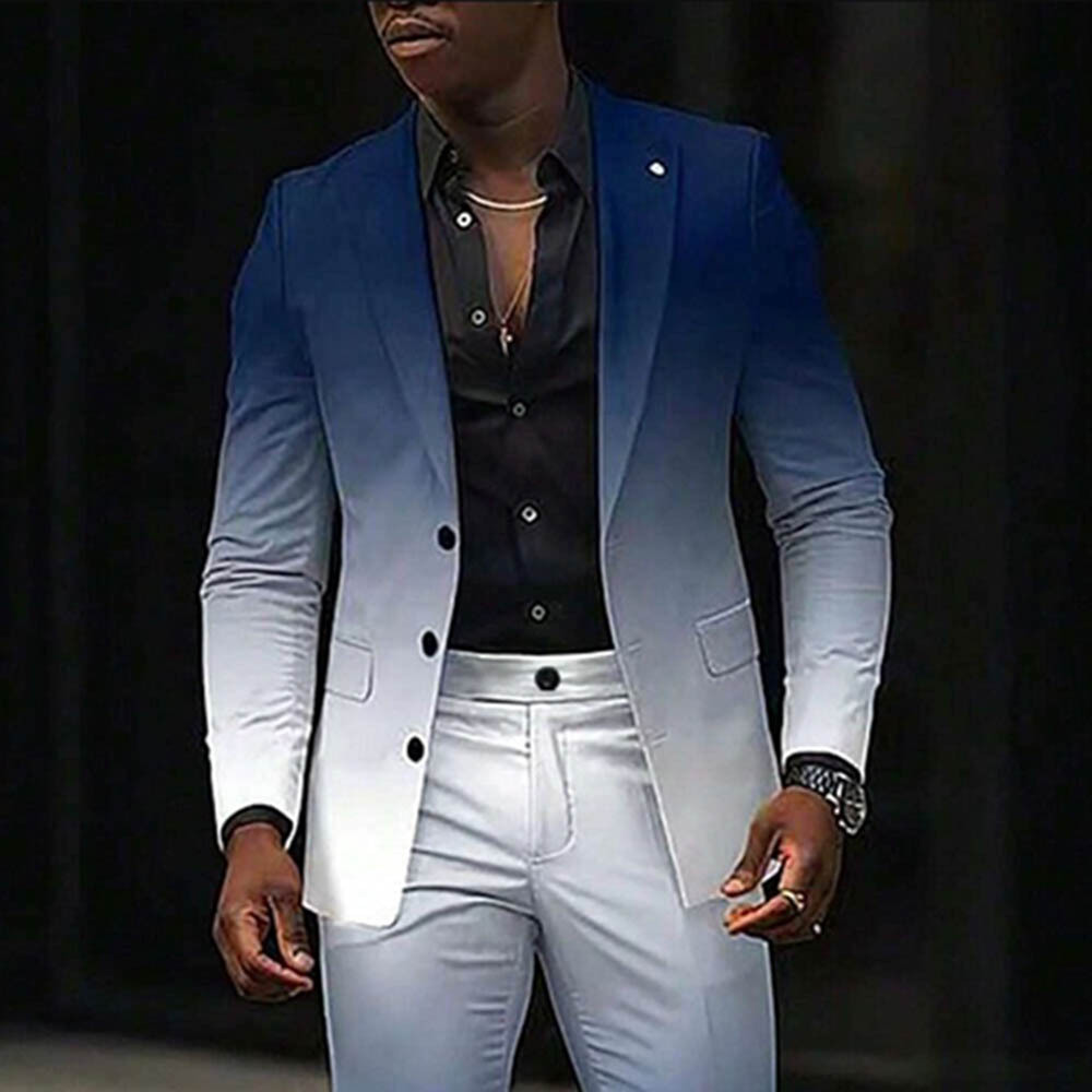 Men's Gradient Color Matching Printed Long Sleeves Suits Jacket& Trousers Two Pieces Set