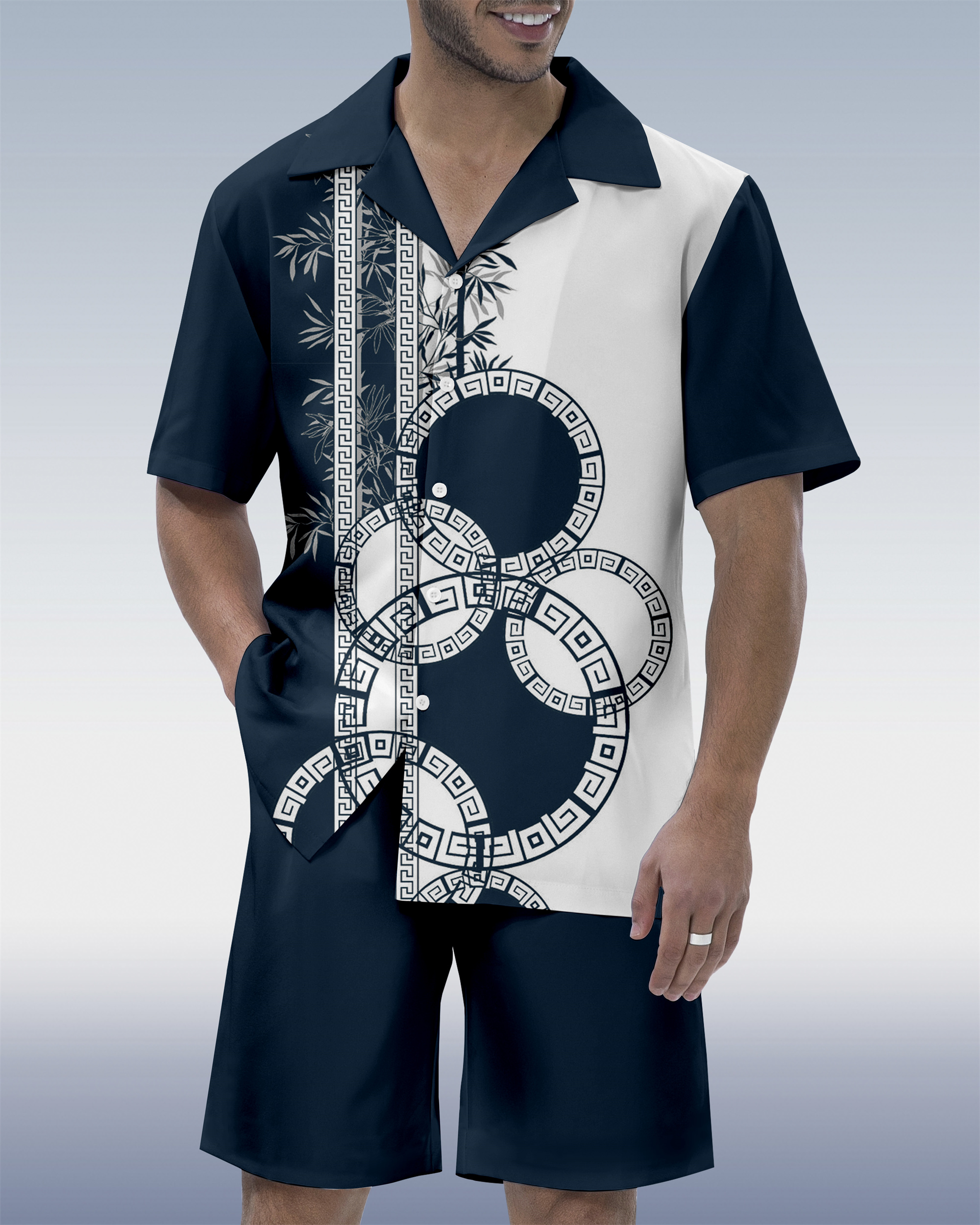 Men's Colorblock Geometric Hawaiian Cuban Collar Short Sleeve Shirt Set