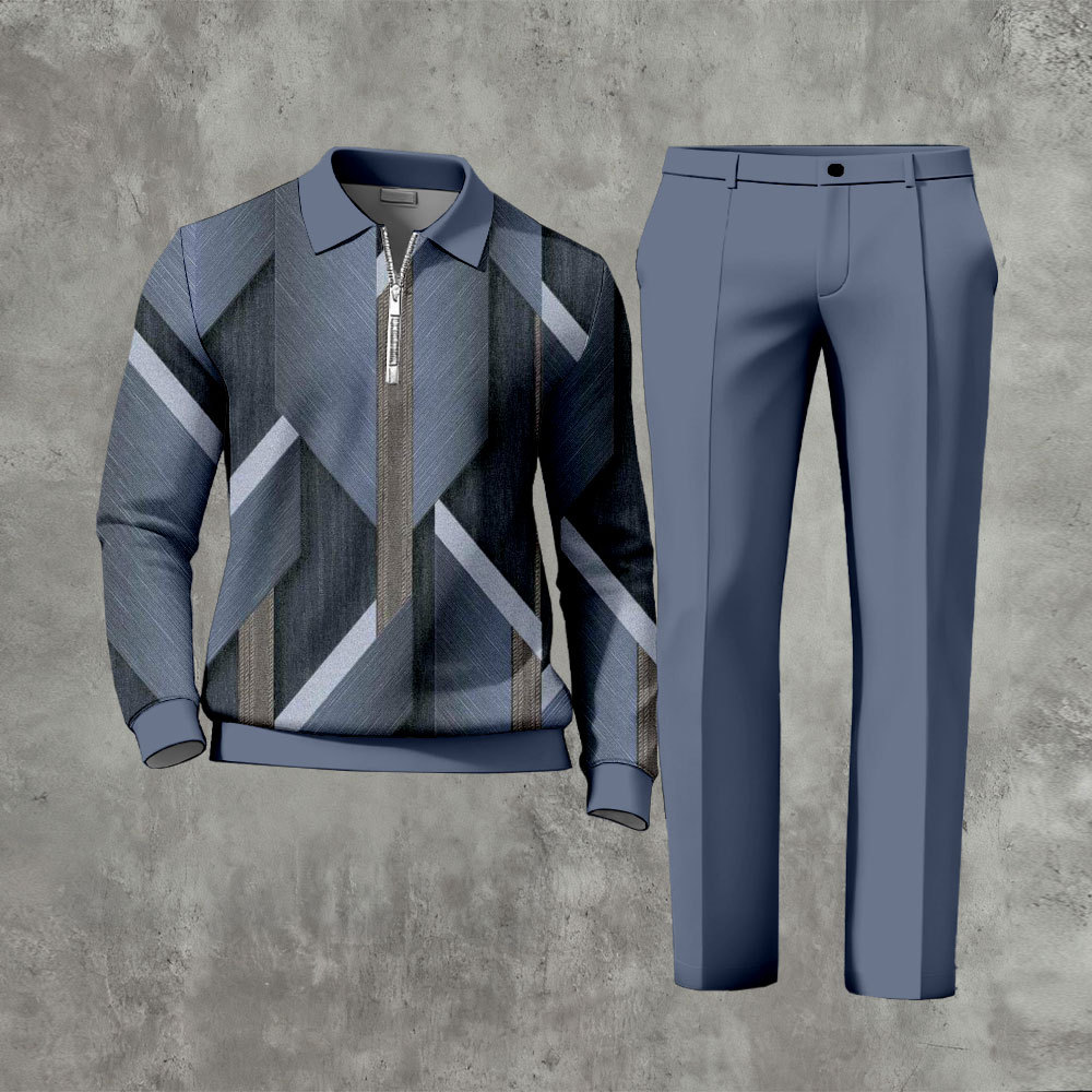 Men's Casual Dark Gray Color Matching Retro Printed Zipper Long Sleeve